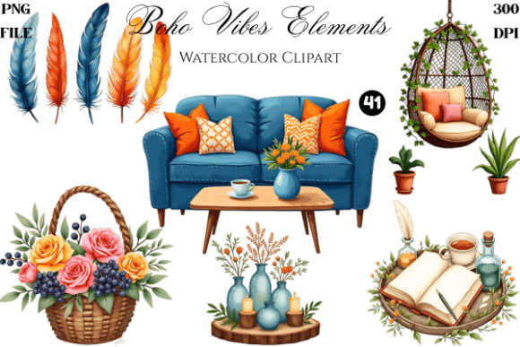 Download Boho Vibes Elements Watercolor PNG - Boho vibes Collection