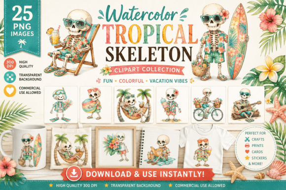 Download Watercolor Tropical Skeleton Clipart - Skeleton clipart Collection